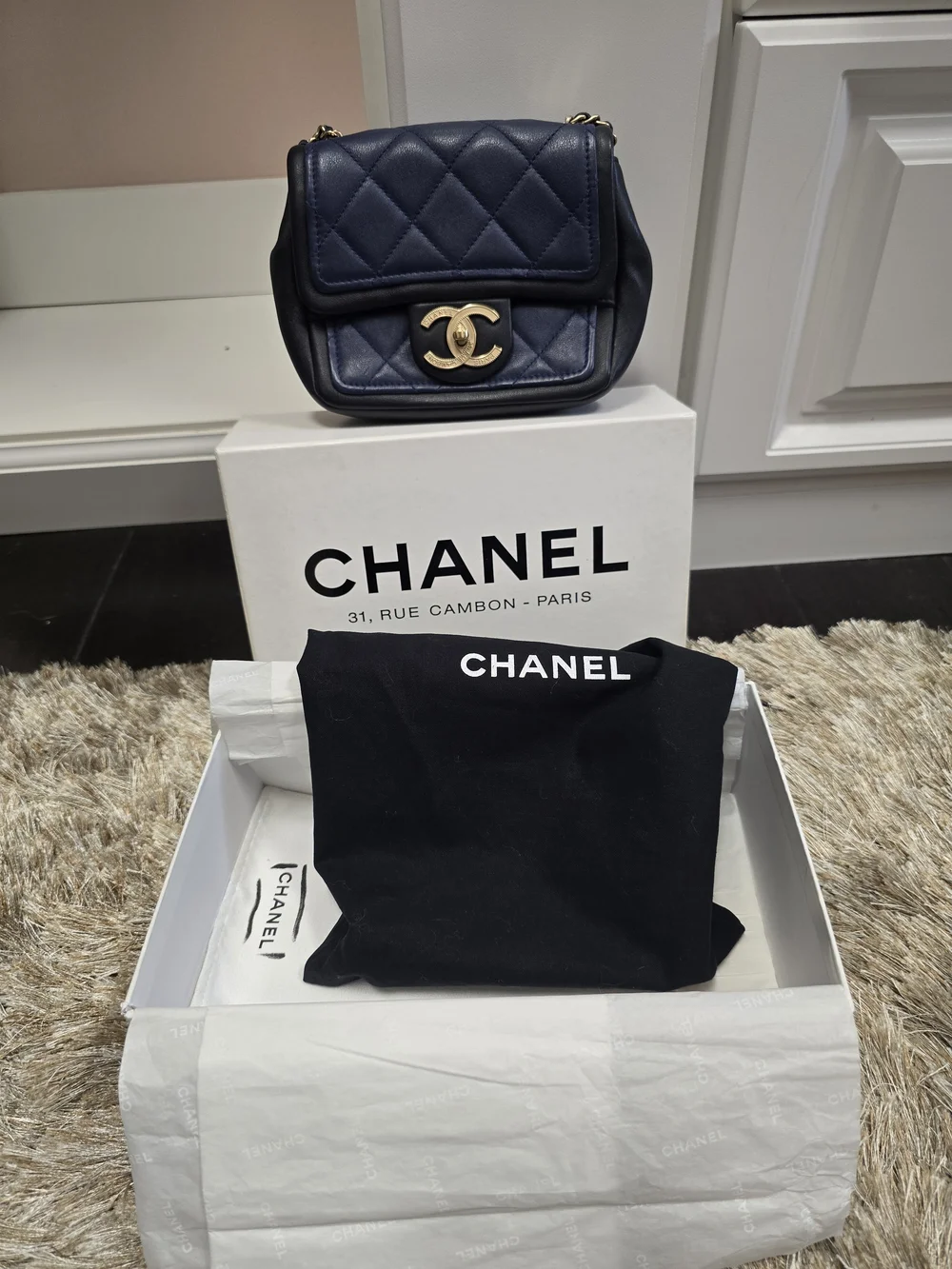 Chanel Quilted Navy Lambskin Mini Bag with Gold CC Turnlock